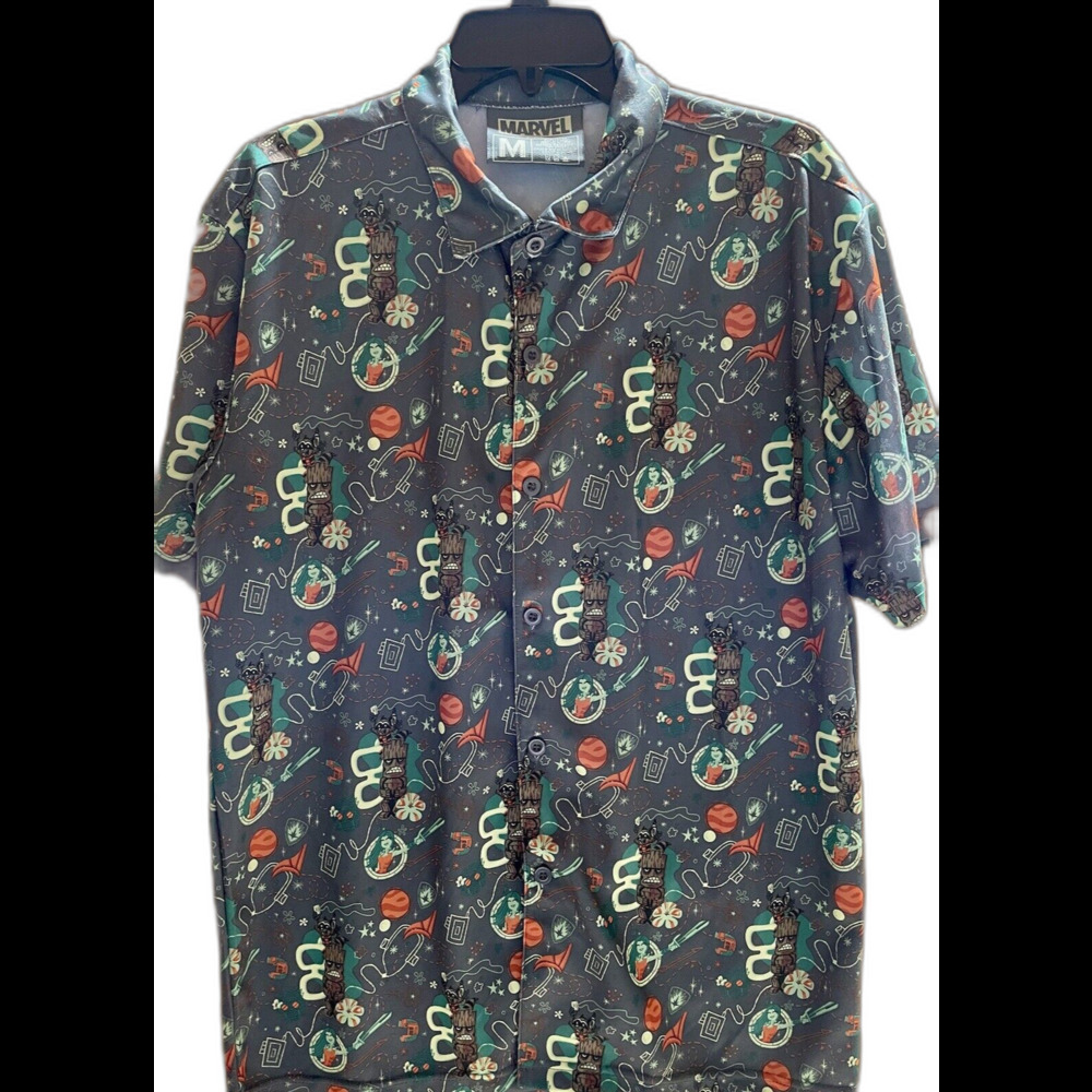 Marvel Shirt Mens M Gray Loot Crate Guardians Of The Galaxy Hawaiian Tiki Button